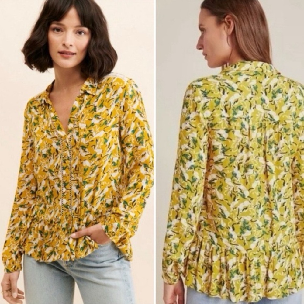 ANTHROPOLOGIE + MAEVE Janie Flounced Peasant Blouse Rabbit Printed Top - Picture 5 of 16